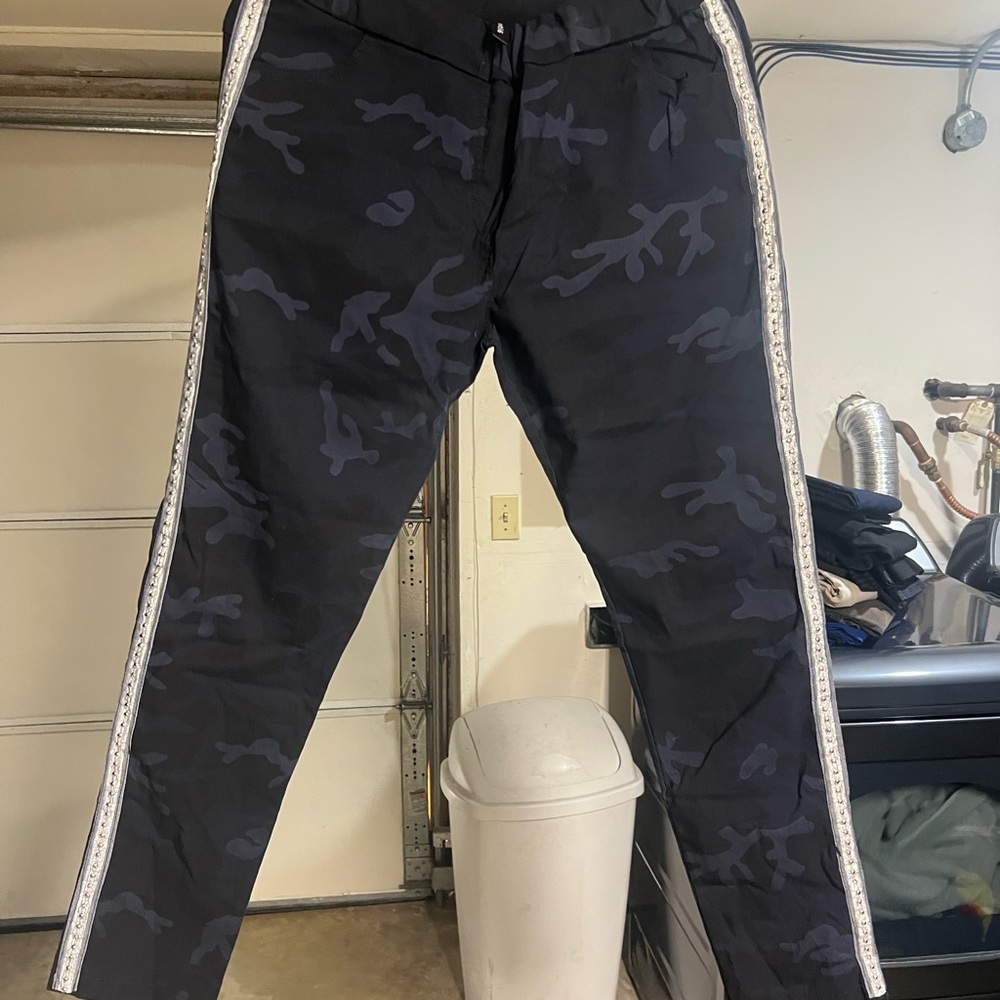 Navy Camouflage Joggers with Tapered Fit and Silver Side Stripe